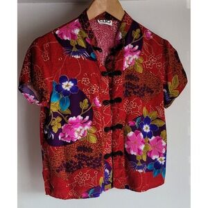 Vintage CLIO Petites Blouse PM Floral Red Asian Inspired Women's Top